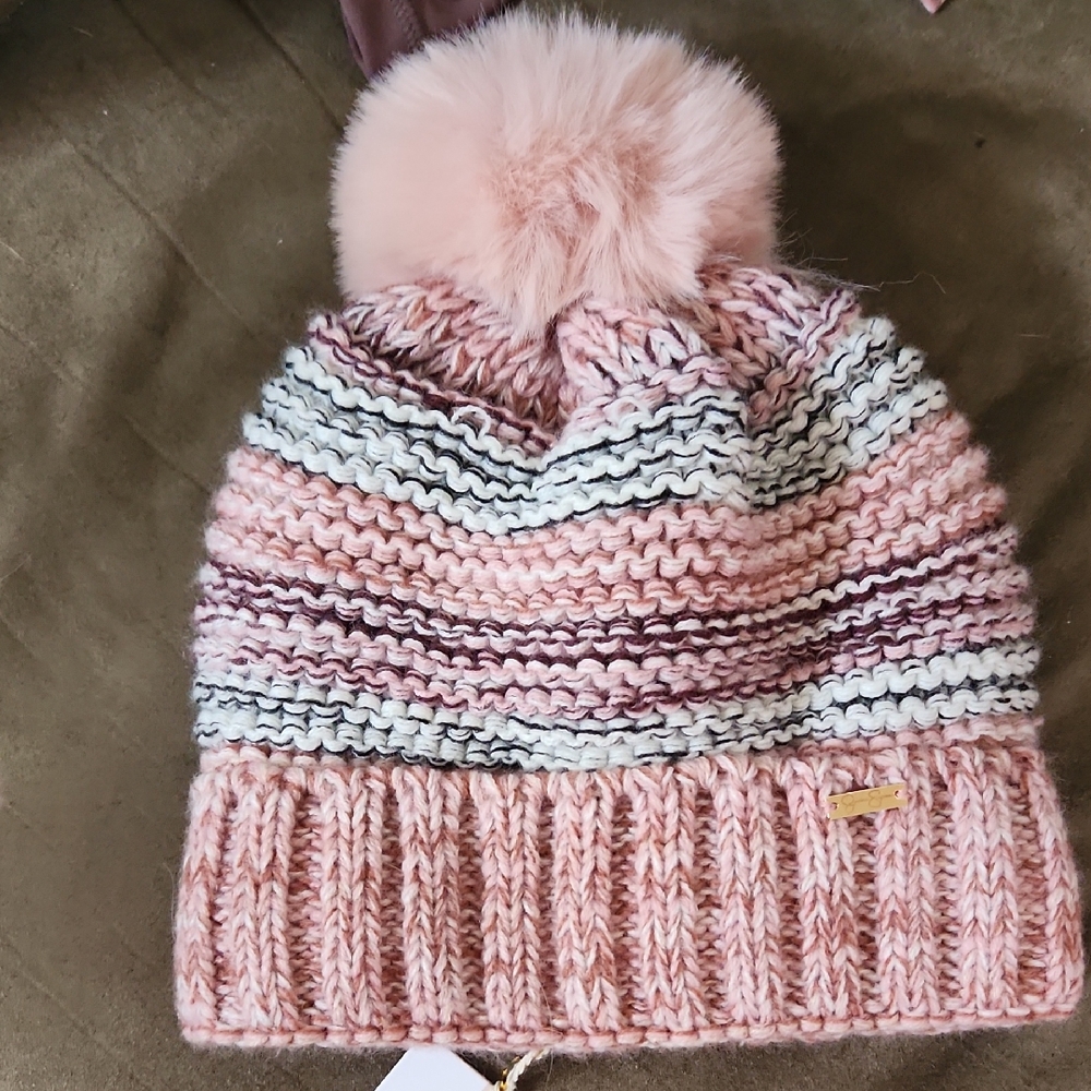 Jessica Simpson Pink and White Knit Beanie with Pom-Pom